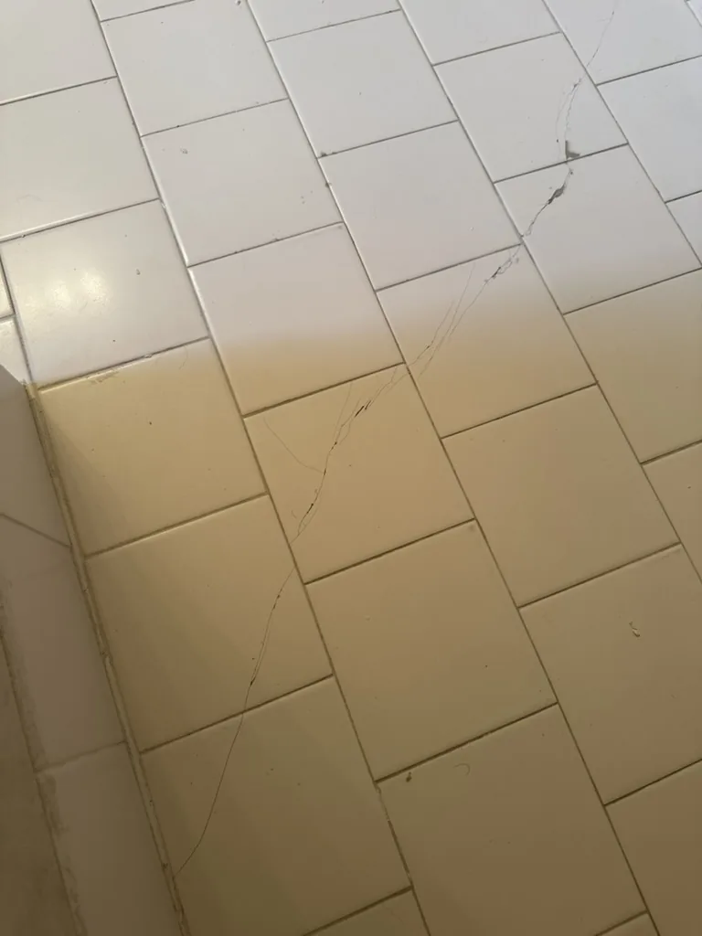 Cracked small-format bathroom floor before renovation