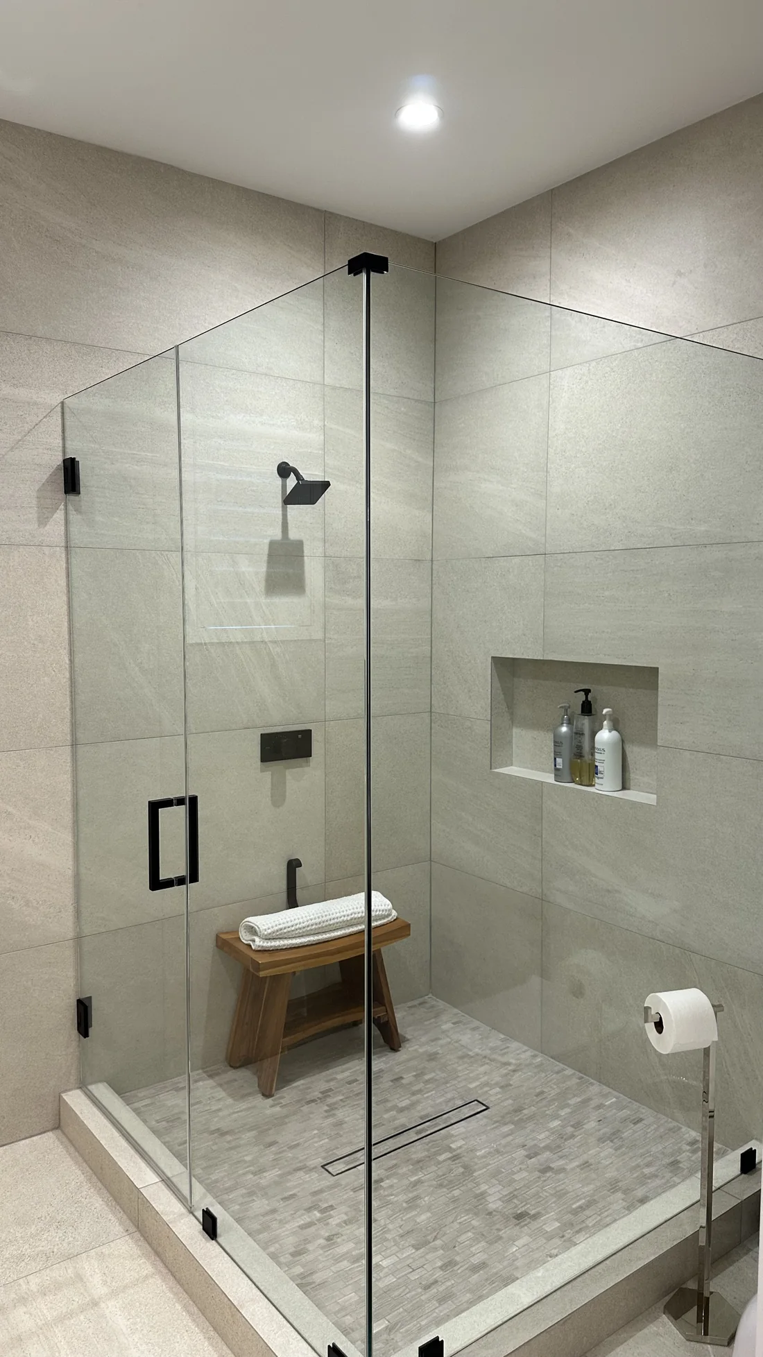 Frameless glass shower enclosure with large-format tile and a recessed niche